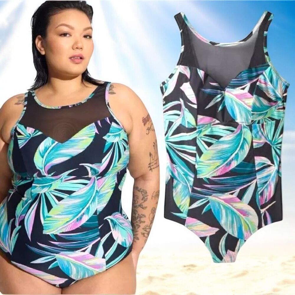 Torrid Tropical Floral Mesh Inset One Piece Swimsuit NWT - Picture 3 of 14